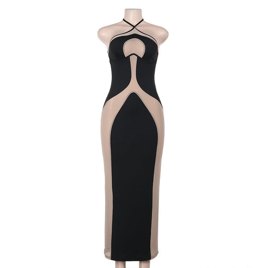 Fall Maxi Dress Elegant Halter Sling Slim Fit Hollow Out Cutout Dress