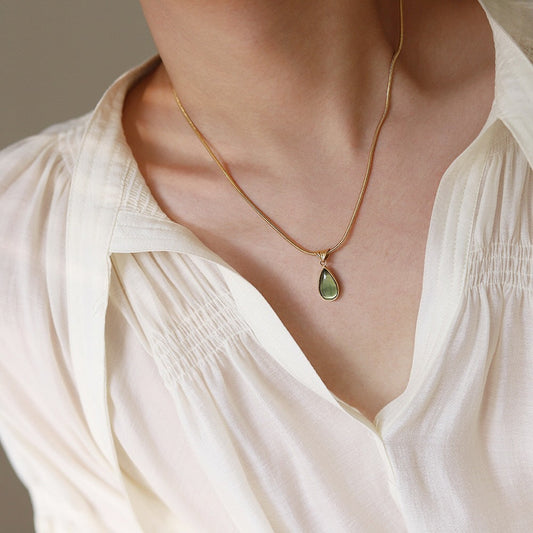 Aqua Teardrop Pendant Titanium Steel Gold Plated Necklace