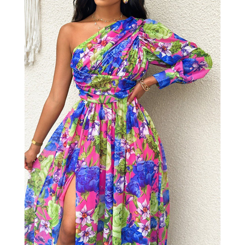 Floral Print One-Shoulder Lantern Sleeve Belted High Slit Maxi Dress