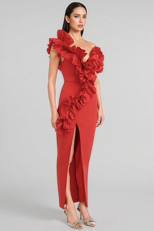 Natal Red Ruffled Slit Maxi Dress