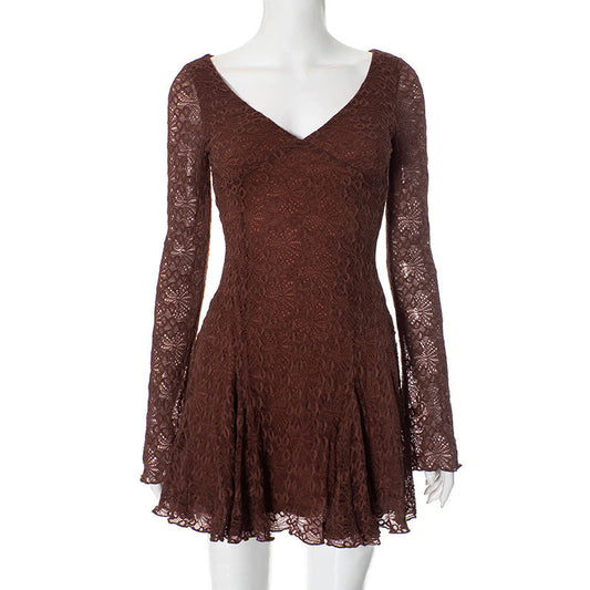Lace Stitching Elegant V neck Long Sleeve Slim Fit Dress