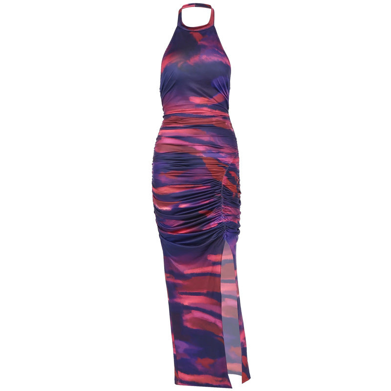 Personalized Printed Pleated Tight Backless Halter Split Dress