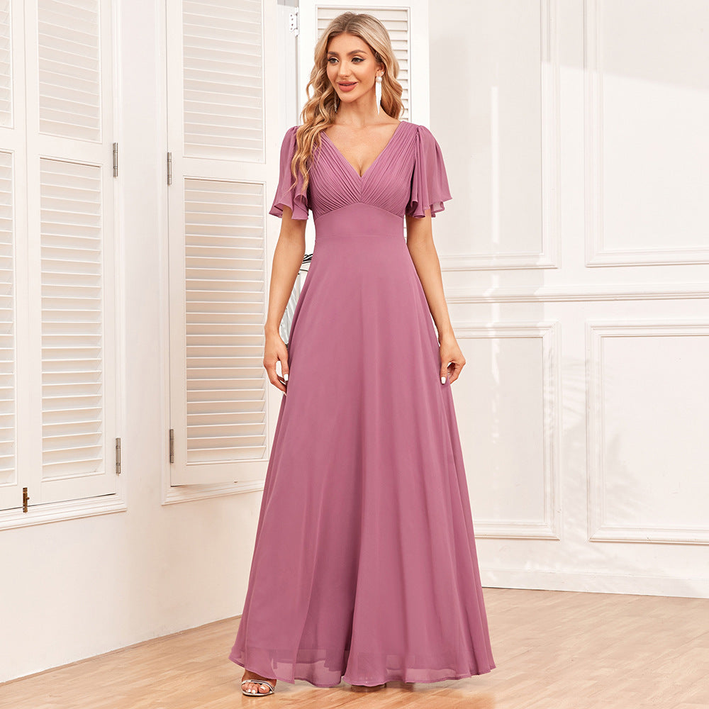 Elegant Double V neck Short Sleeve Shiny Bright Formal Dress A line Fully Lined Chiffon Dress