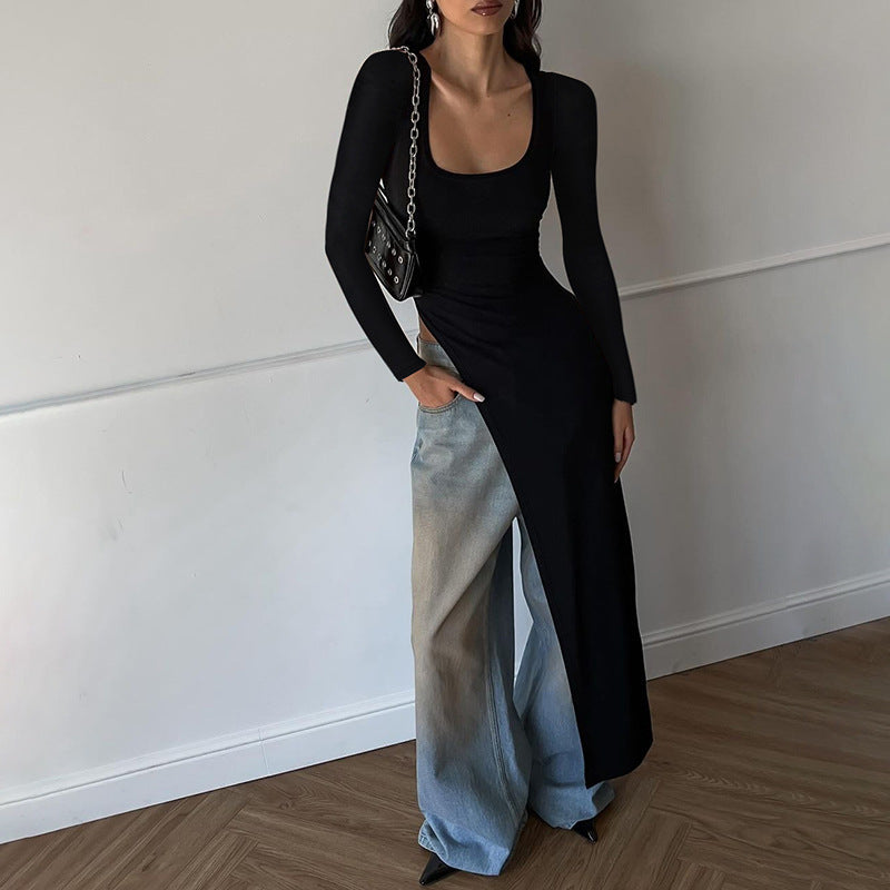 Asymmetric Square Neck Long Sleeve High-Low Hem Top and Wide-Leg Jeans Set