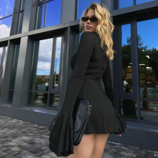 Cool Long Sleeve round Neck Wooden Ear Slim Sheath Dress