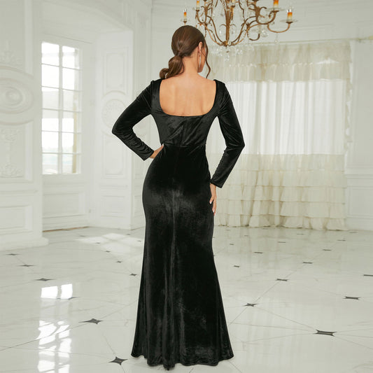 Elegant Long-Sleeved Long Velvet Square Collar Annual Meeting Split Evening Dress Bridesmaid Dress