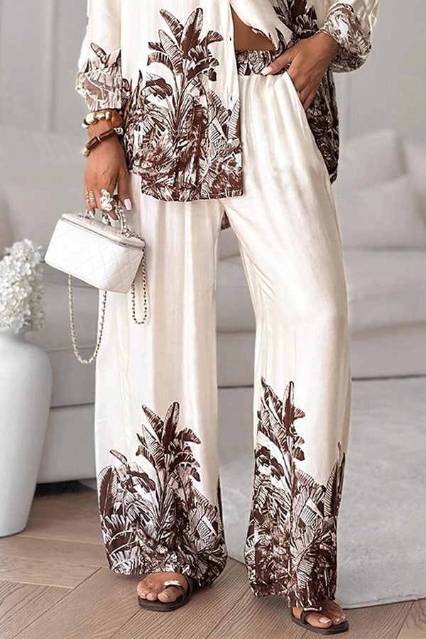 Botanical Print Loose Long-sleeved Shirt and Elastic Waist Pocket Casual Wide-leg Pants