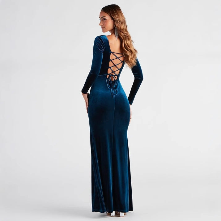 Long Sleeve Square Neck High Slit Thigh Solid Color Velvet Dress Cocktail Ceremony