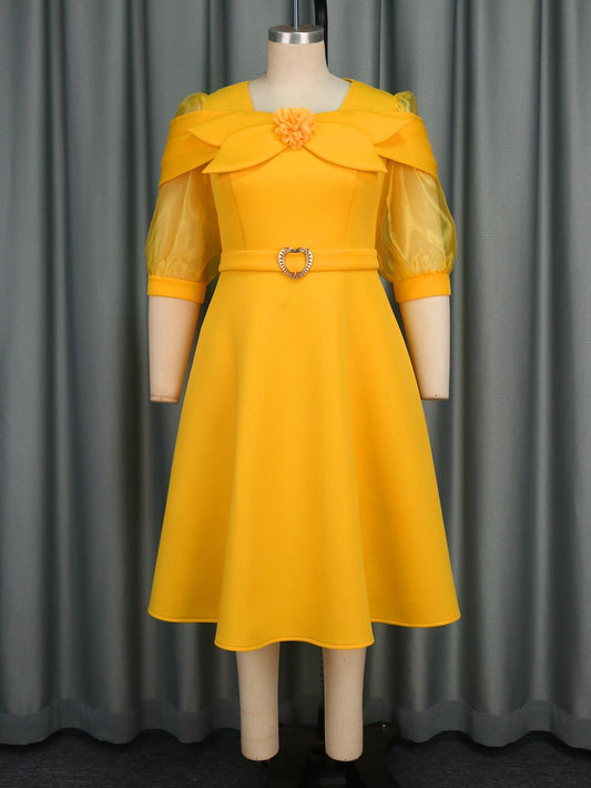 Bow See through Lantern Sleeve Dress Party Gathering Waist A line Dress
