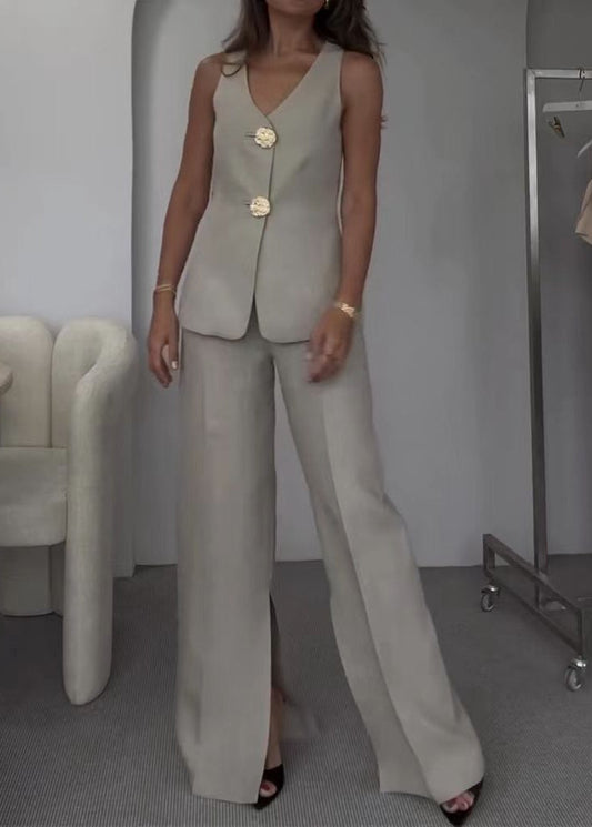 Valette Wide-Leg Set – Statement Button Vest & Linen Blend Trousers