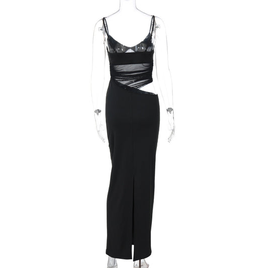 Patchwork Slit Mesh See through Sling Dress