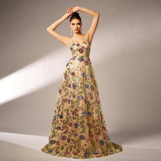 High Class Elegant Sleeveless off Neck Strap Cocktail Sequined Large Swing Evening