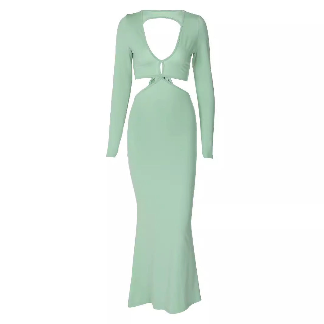 Long Sleeve Backless Hollow Out Cutout Slim Fit Dress