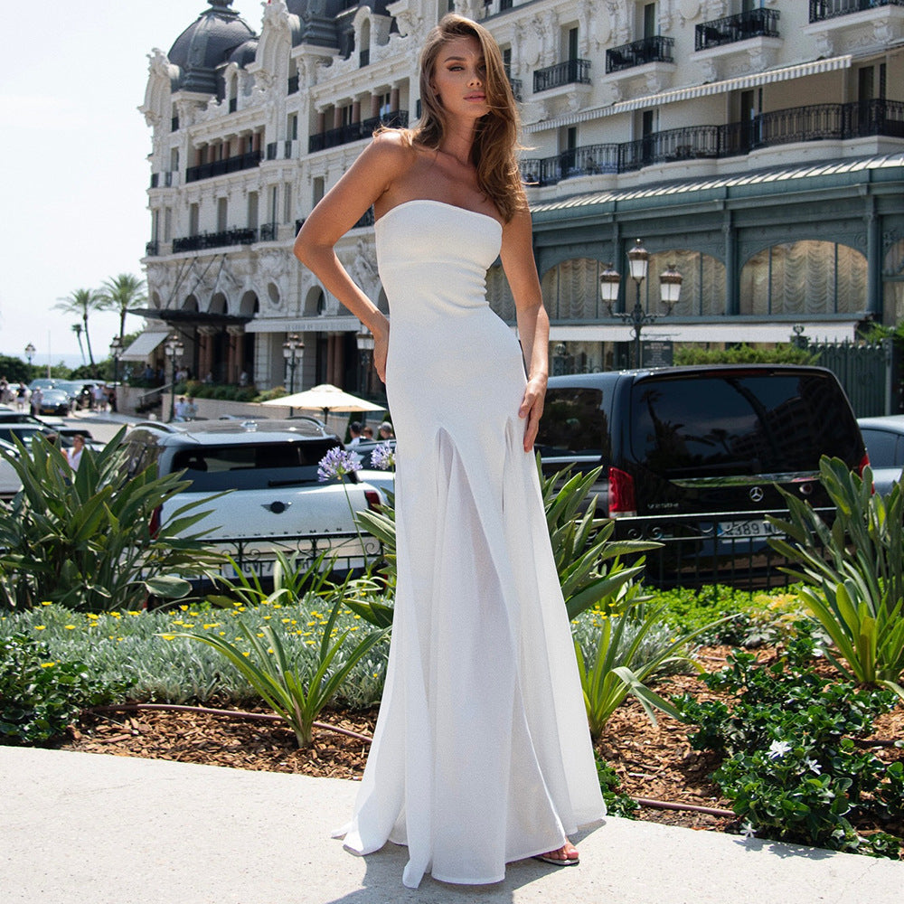 Long Dress Socialite Slim Tube Top Bandage Mesh Stitching Swing Dress