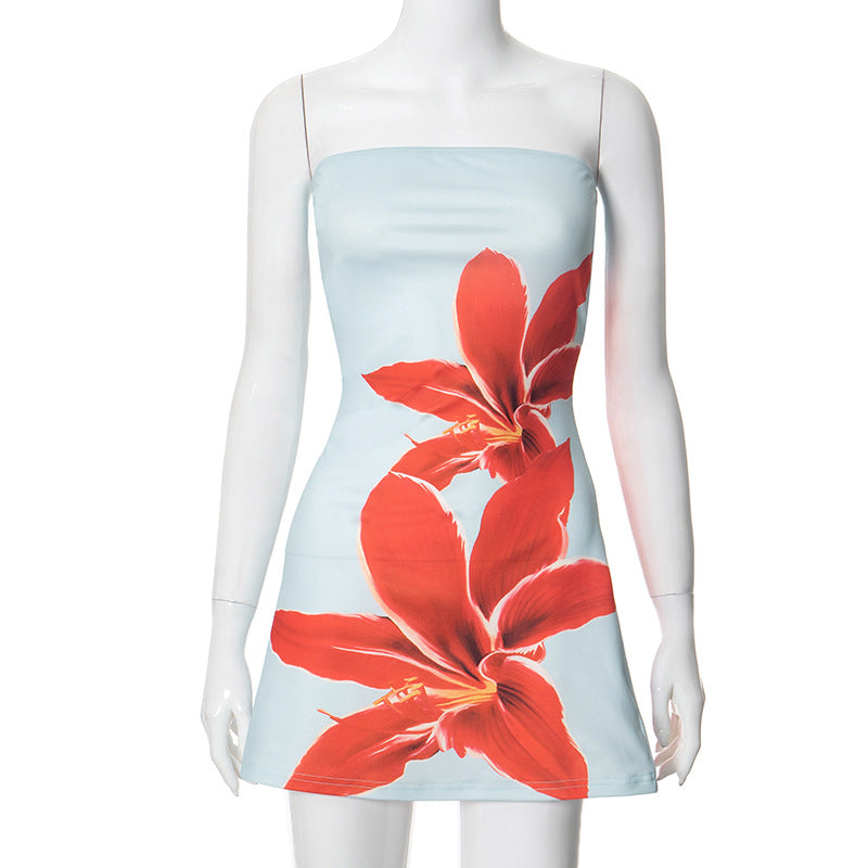 Strapless Large Floral Print Bodycon Tube Mini Dress