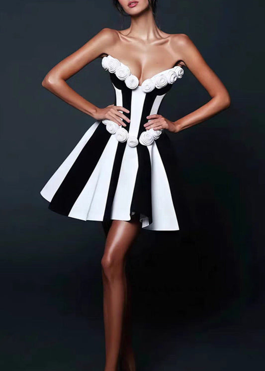 Monet Strapless Rosette Mini Dress Black & White Sculpted Fit-and-Flare