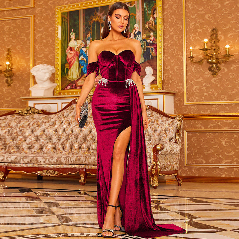 off-Neck Wrapped Chest Elegant Hip-Wrapped Elegant Lady Small Mop Split Evening Dress for
