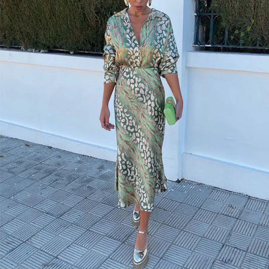 Summer Arrival Women Printed Elegant Collared Long Sleeve Shirt High Waisted Skirt Set