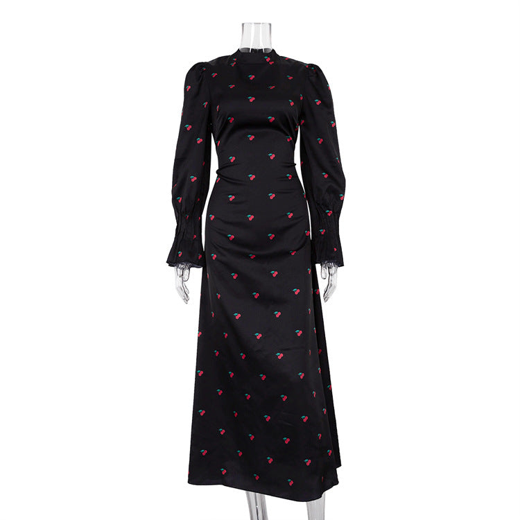 Printed round Neck Long Sleeved Dress Waist Controlled Drape Satin Dress