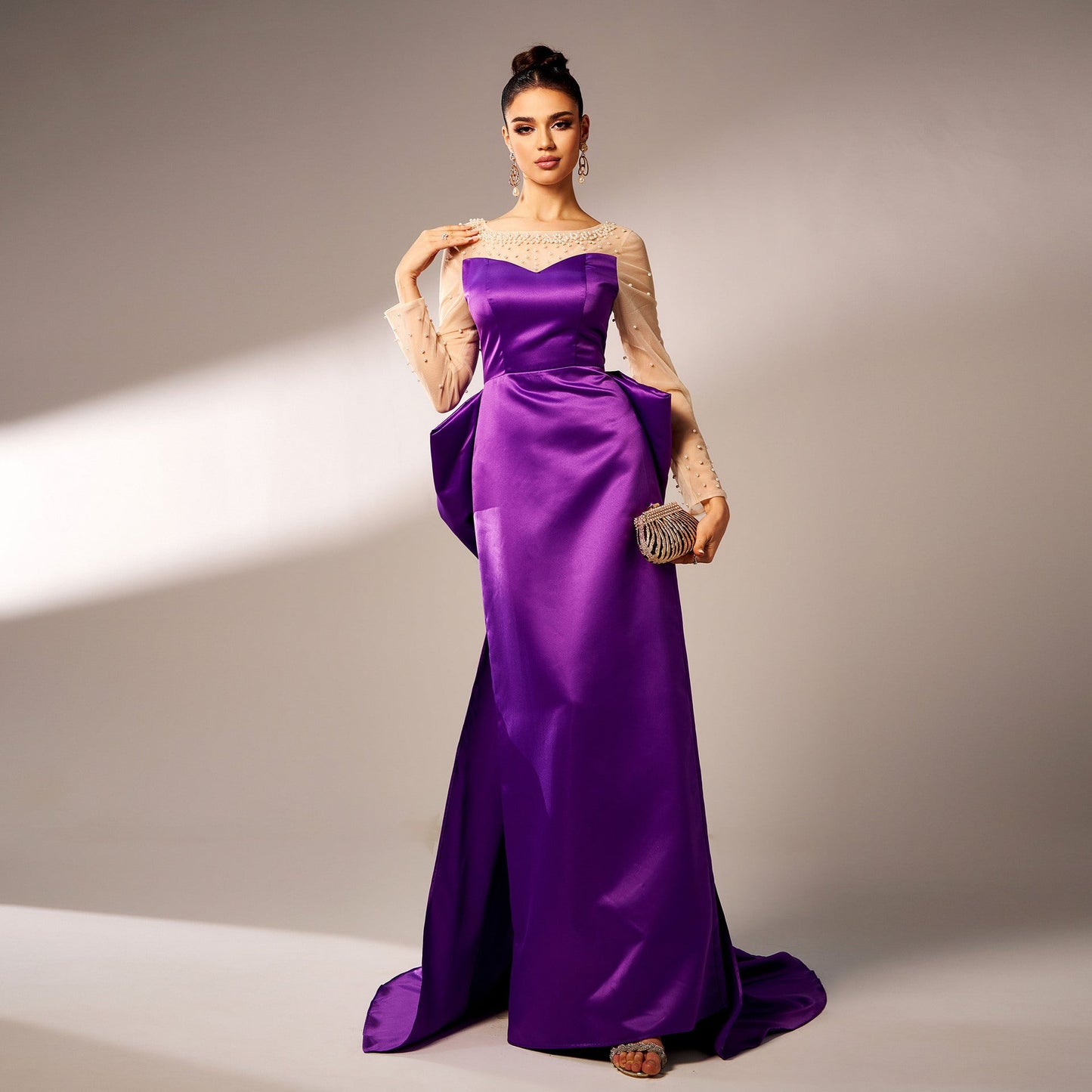 High Grade Long Sleeved round Neck Cocktail Beaded Big Bow Evening Dress Bridesmaid