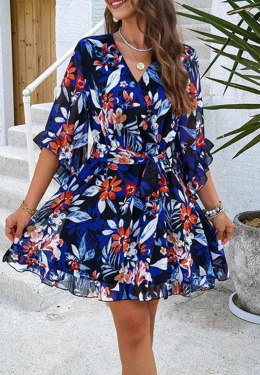 Ruffle Floral Wrap Mini Summer Dress Midnight Blue Bloom