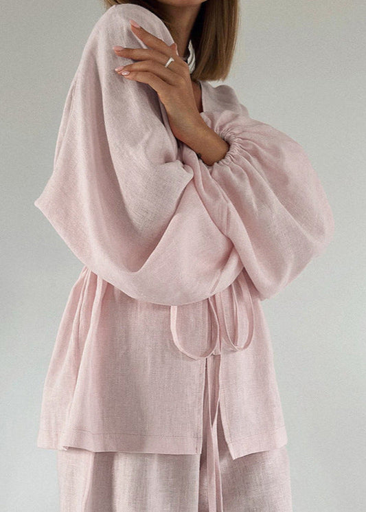 Rose Drift - Linen Two-Piece Set with Bell Sleeves