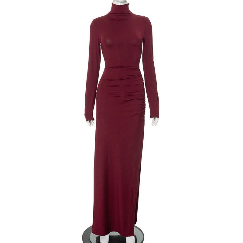 High Collar Slim Fit Long Sleeves High Slit Elegant Maxi Dress