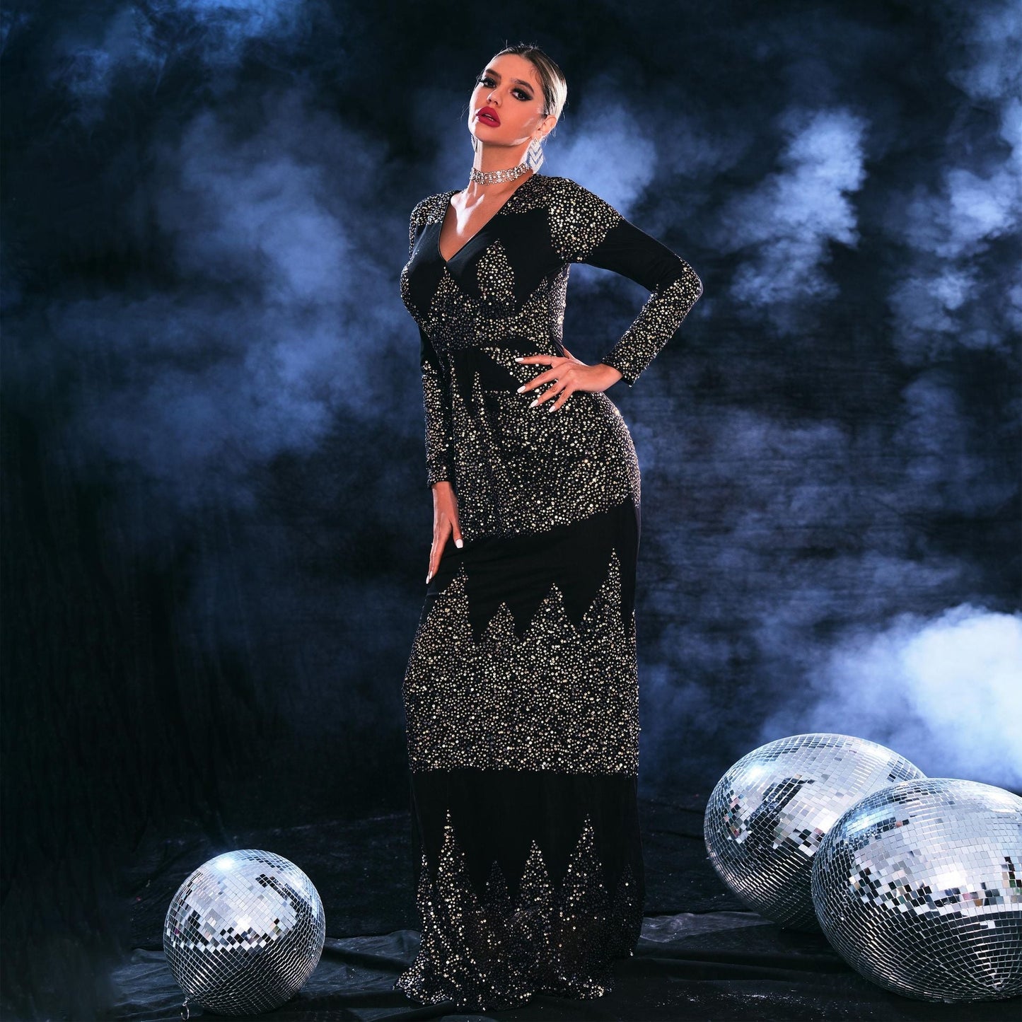 Long Sleeved Elegant V Neck Slim Fit Long Sequined Cocktail Evening Dress Bridesmaid Dress