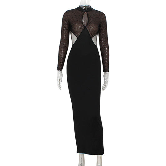 Night Club Sequin Stitching Hollow Out Cutout Backless Skinny Hip Dress
