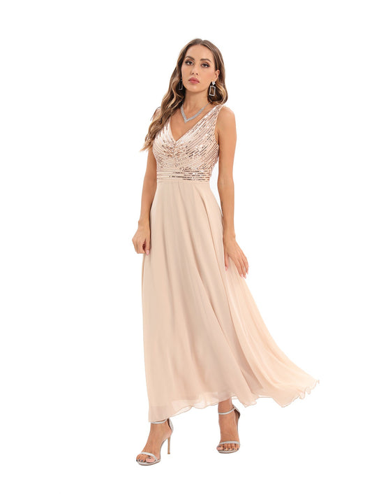 Backless Chiffon Stitching Dress Evening Dress