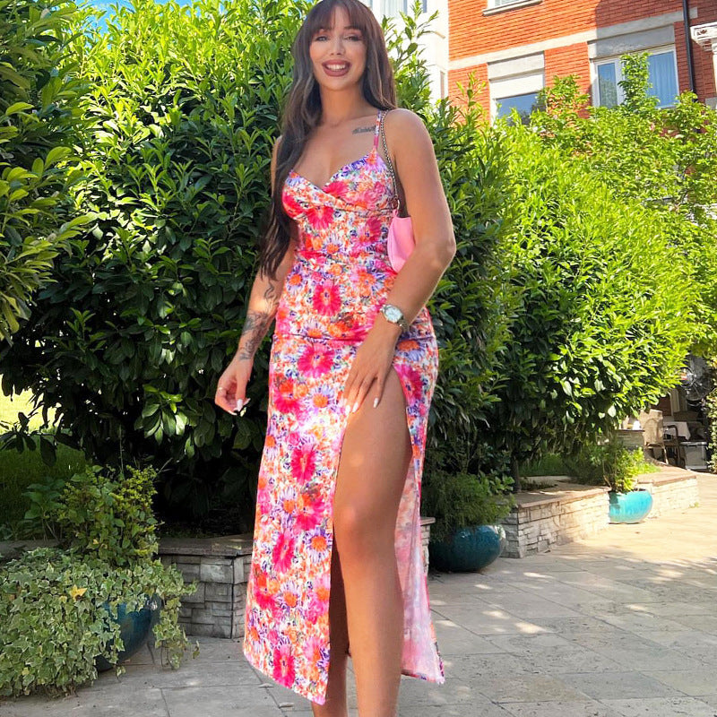 Floral Print Spaghetti Strap Surplice Wrap High-Slit Maxi Dress