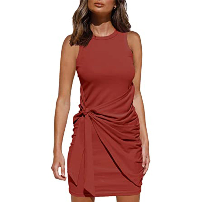 Crew Neck Side-Tie Knot Ruched Tank Bodycon Mini Dress