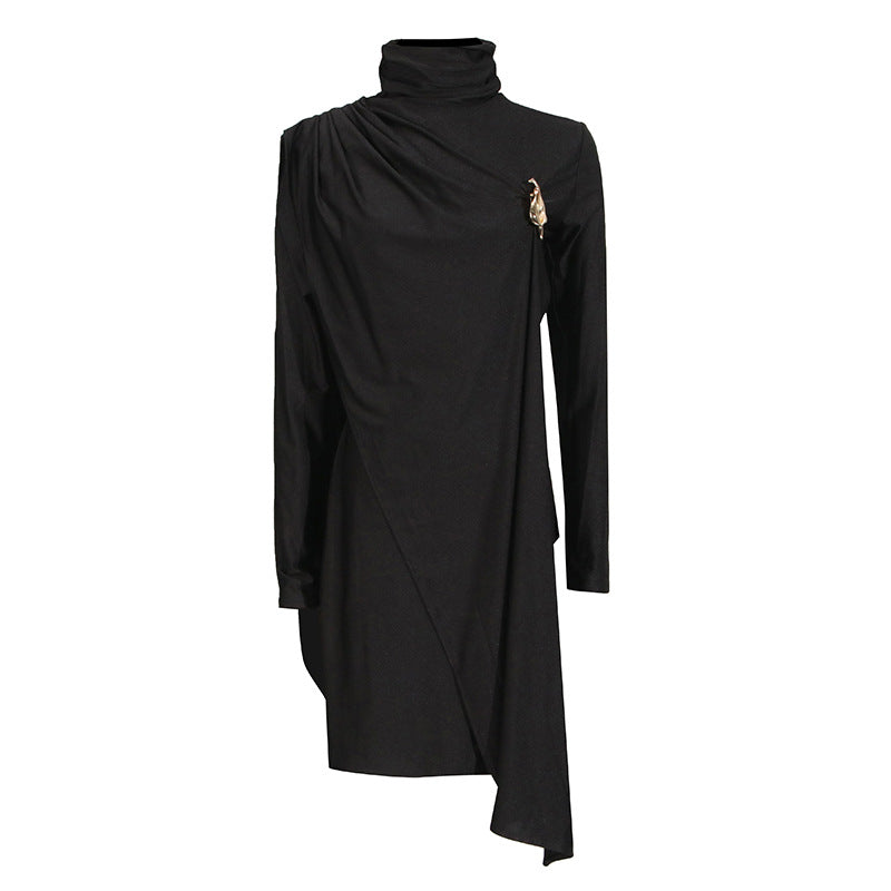 Elegant Socialite Dress Graceful StCollar Pleated Shawl Slim Fit