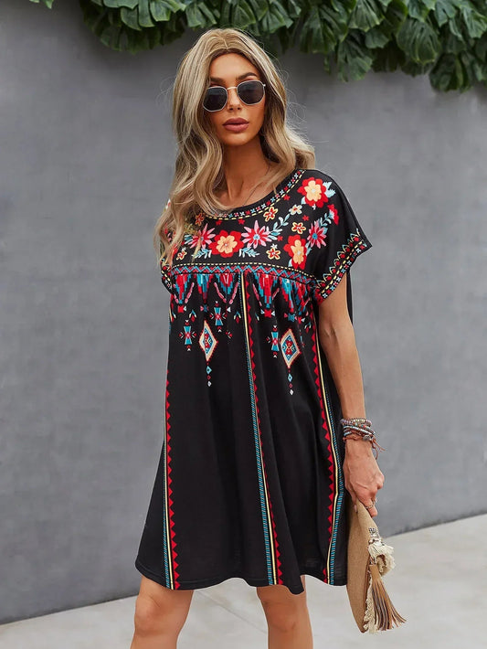 Boho Embroidered Black Babydoll Mini Dress