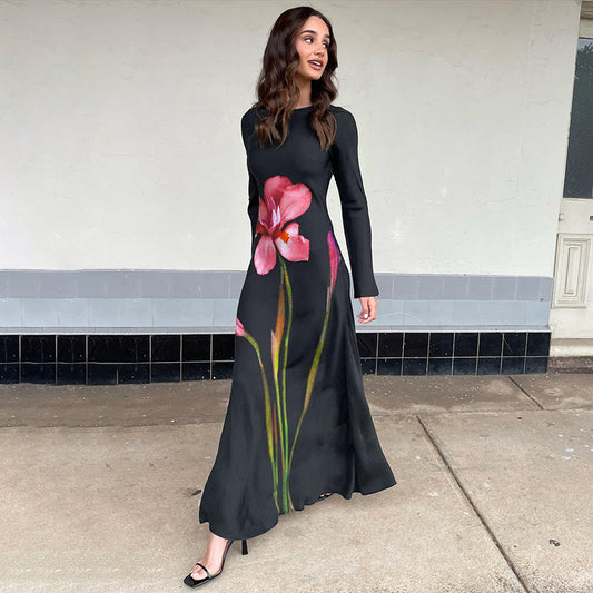 Intellectual Elegant round Neck Long Sleeve Back Hollow Out Cutout Print Length Dress