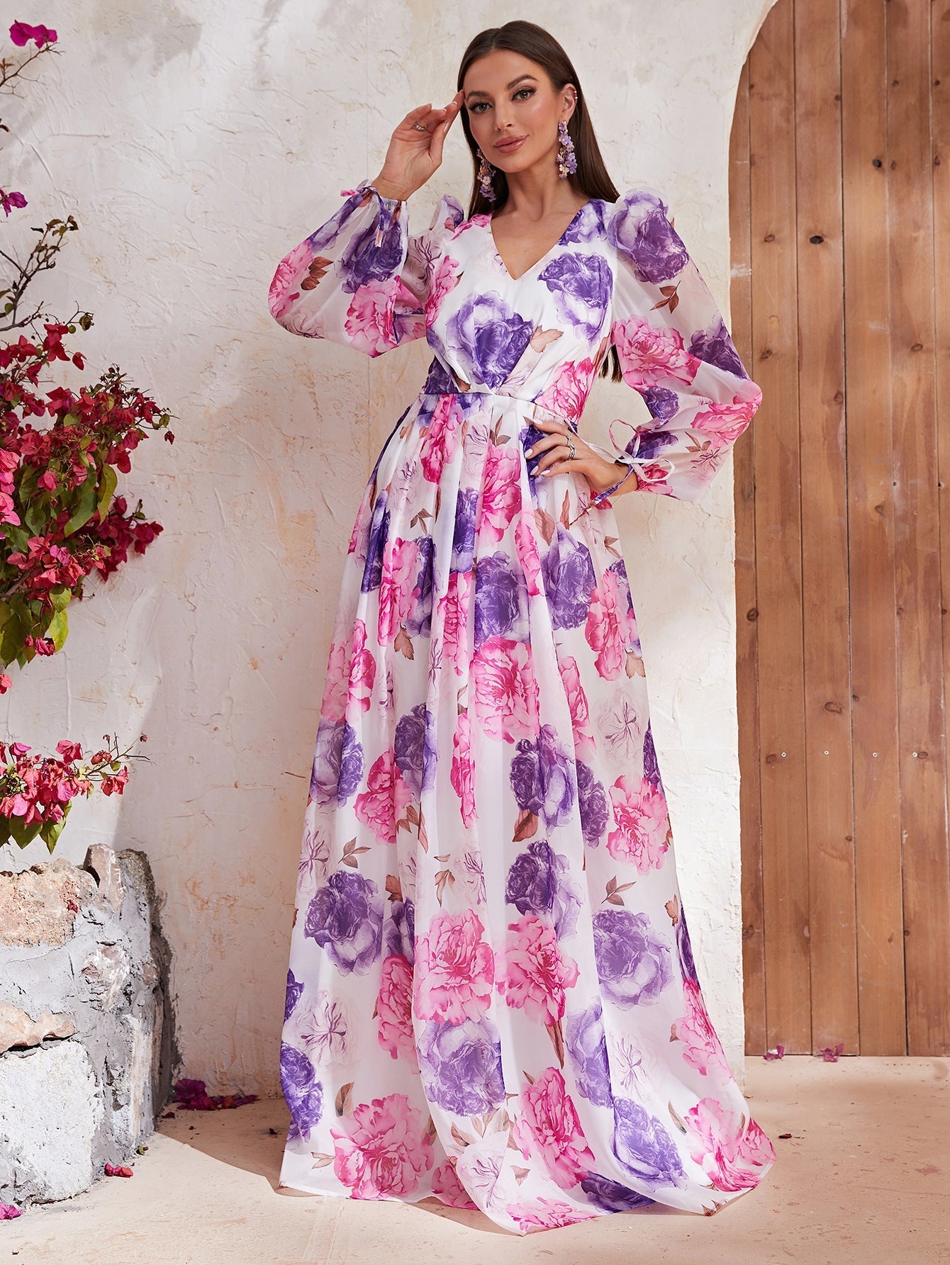 Printed Dress Chiffon V Neck Printed Puff Sleeve Long Sleeve Dress