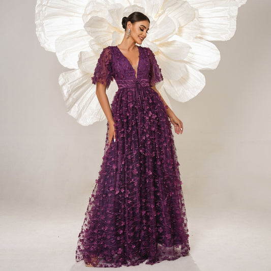 High End Short Sleeved Elegant V Neck Long Cocktail Evening Dress Bridesmaid Dress Mesh Large Swing