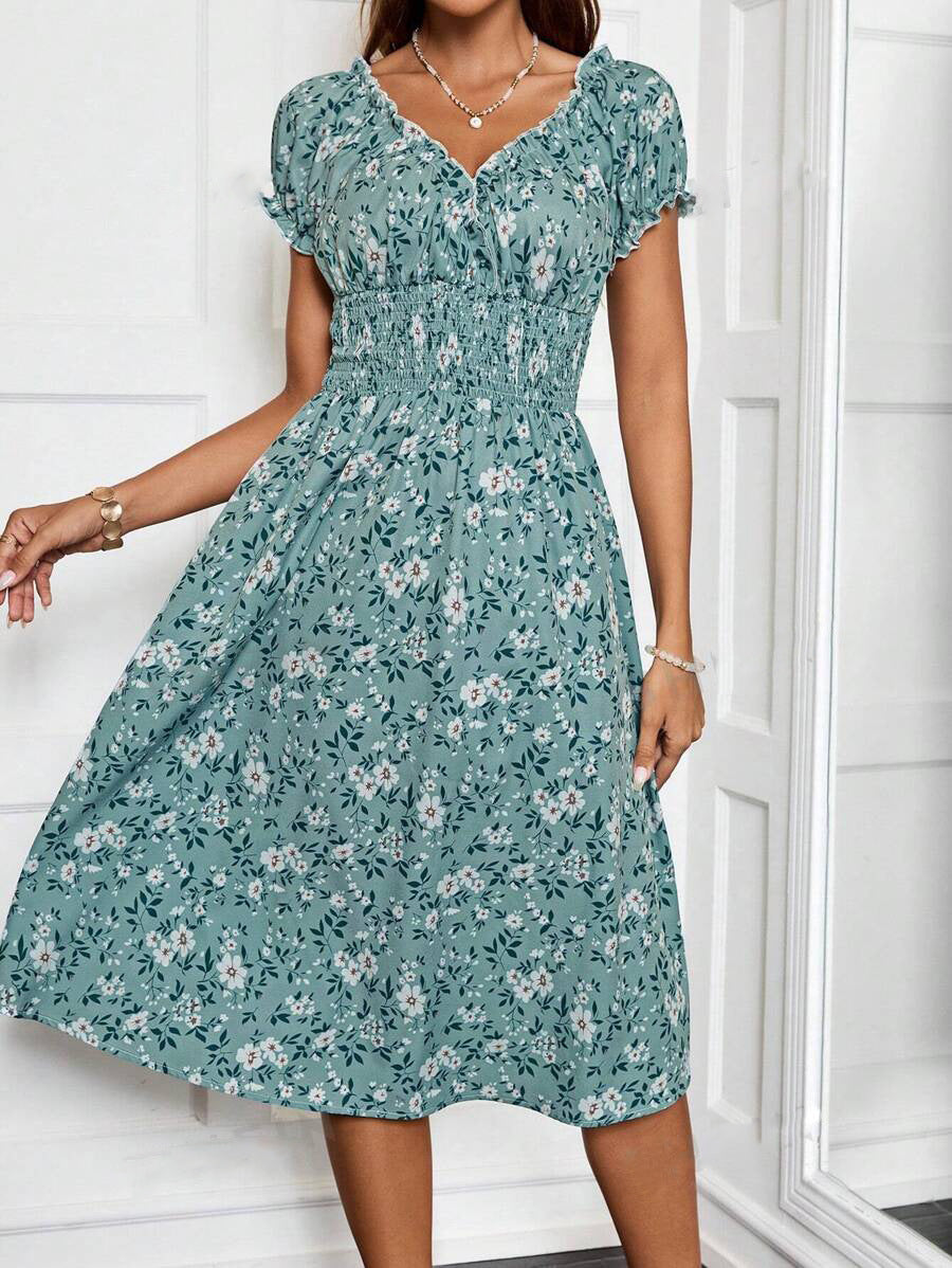 Ditsy Floral Lettuce-Edge V-Neck Puff Sleeve Smocked Waist A-Line Midi Dress