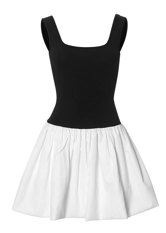 Scoop Neck Colorblock Knit Bodice Gathered Skirt Fit and Flare Mini Dress
