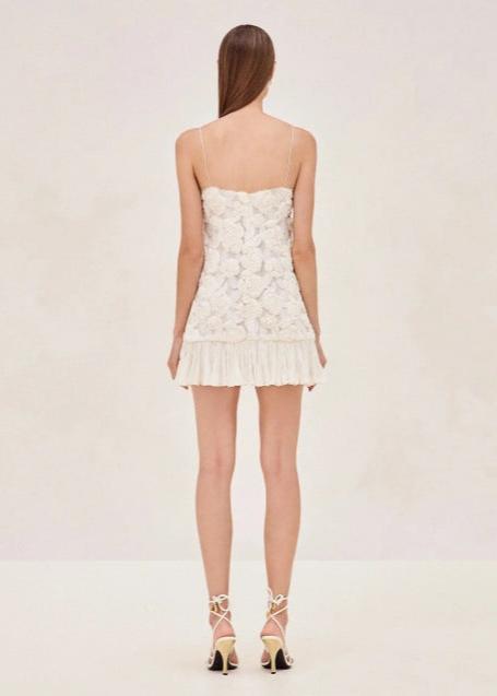 Spaghetti Strap 3D Floral Applique Chiffon Ruffle Hem Bodycon Mini Dress