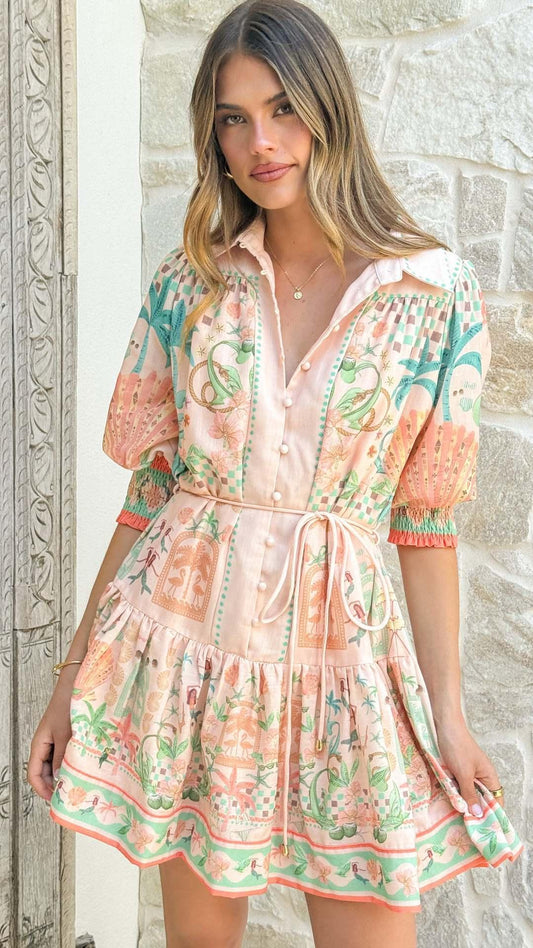 Linen floral print waist tie short dress