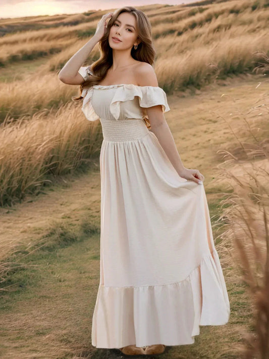 Beige Maxi Dress for Petite Women with Ruffle Sleeves