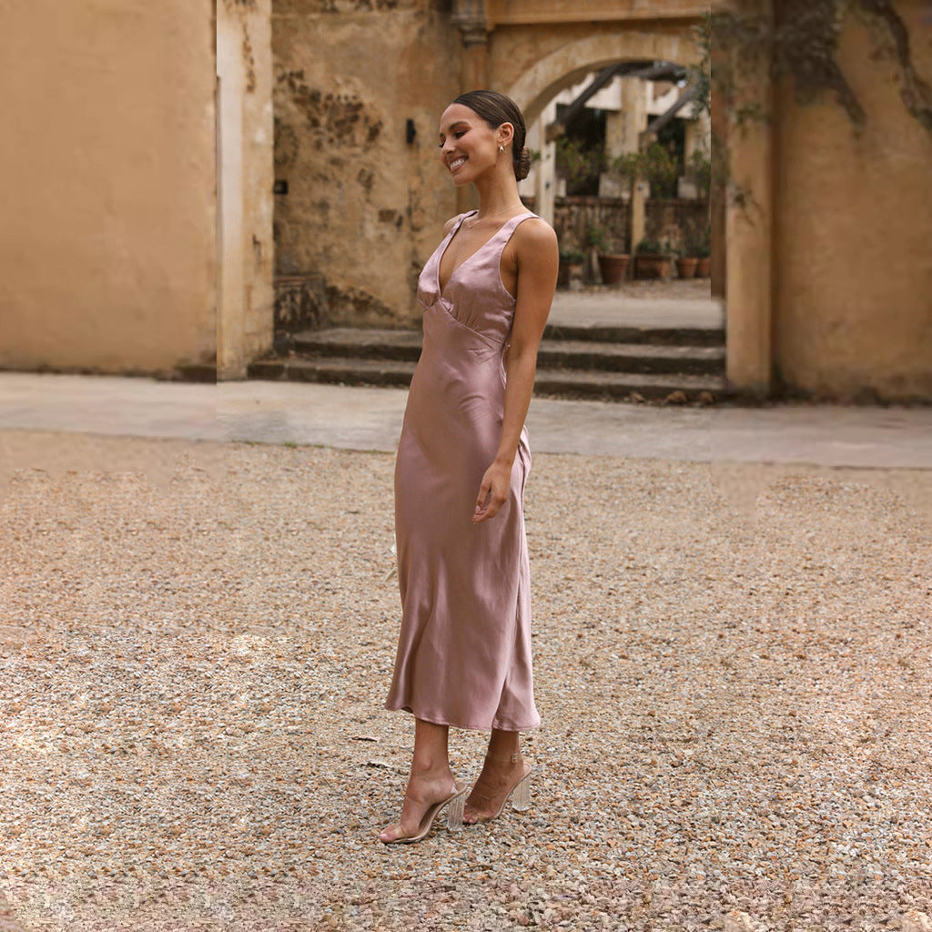 Satin Deep V-Neck Empire Waist Ruched Bust Slip Midi Dress