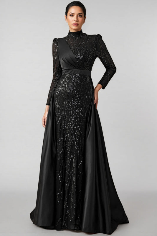 Moto Sequin Satin Long-Sleeved Maxi Dress