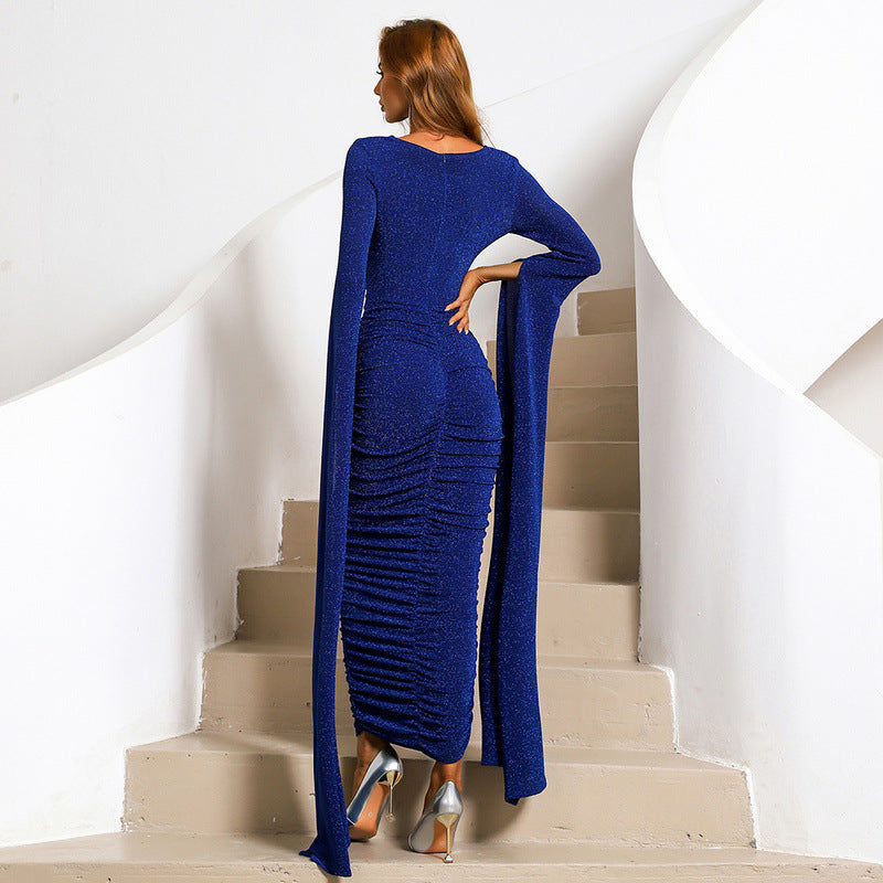 Neck Super Long Sleeve Hepburn Elegant Sheath Elegant Socialite Fishtail Evening Dress for