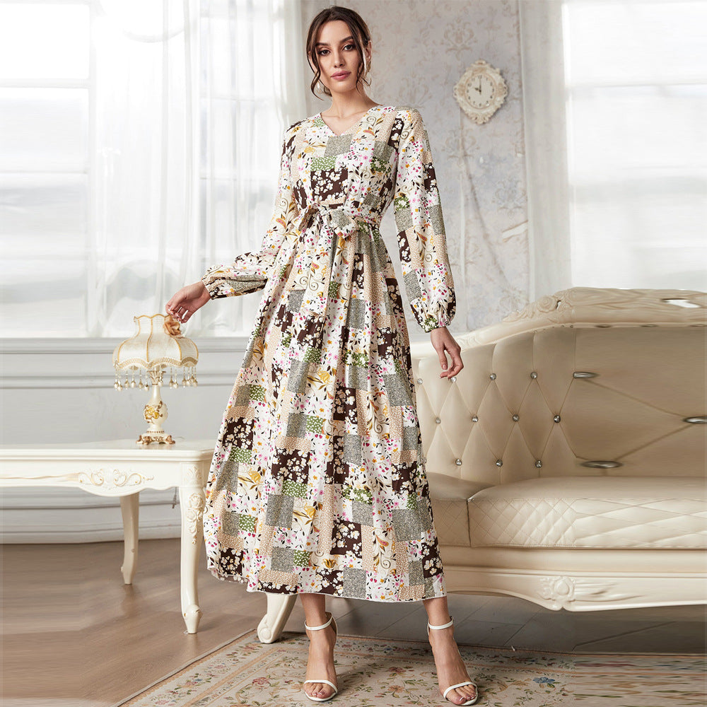 Print Woven High Waist V neck Dress