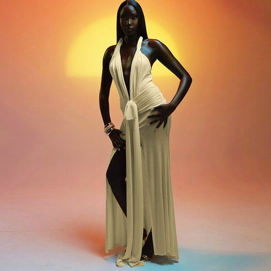 Backless Halter Deep V Plunge neck Solid Color Split
