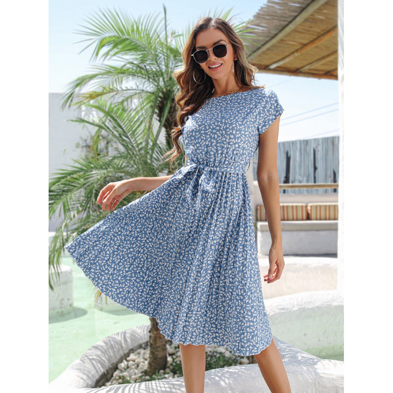 Ditsy Floral Print Cap Sleeve Round Neck Pleated Tie-Waist Fit-and-Flare Midi Dress