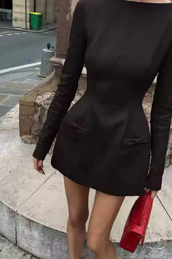 Budding Elegance Bow Detail Boat Neck Long Sleeve Mini Dress