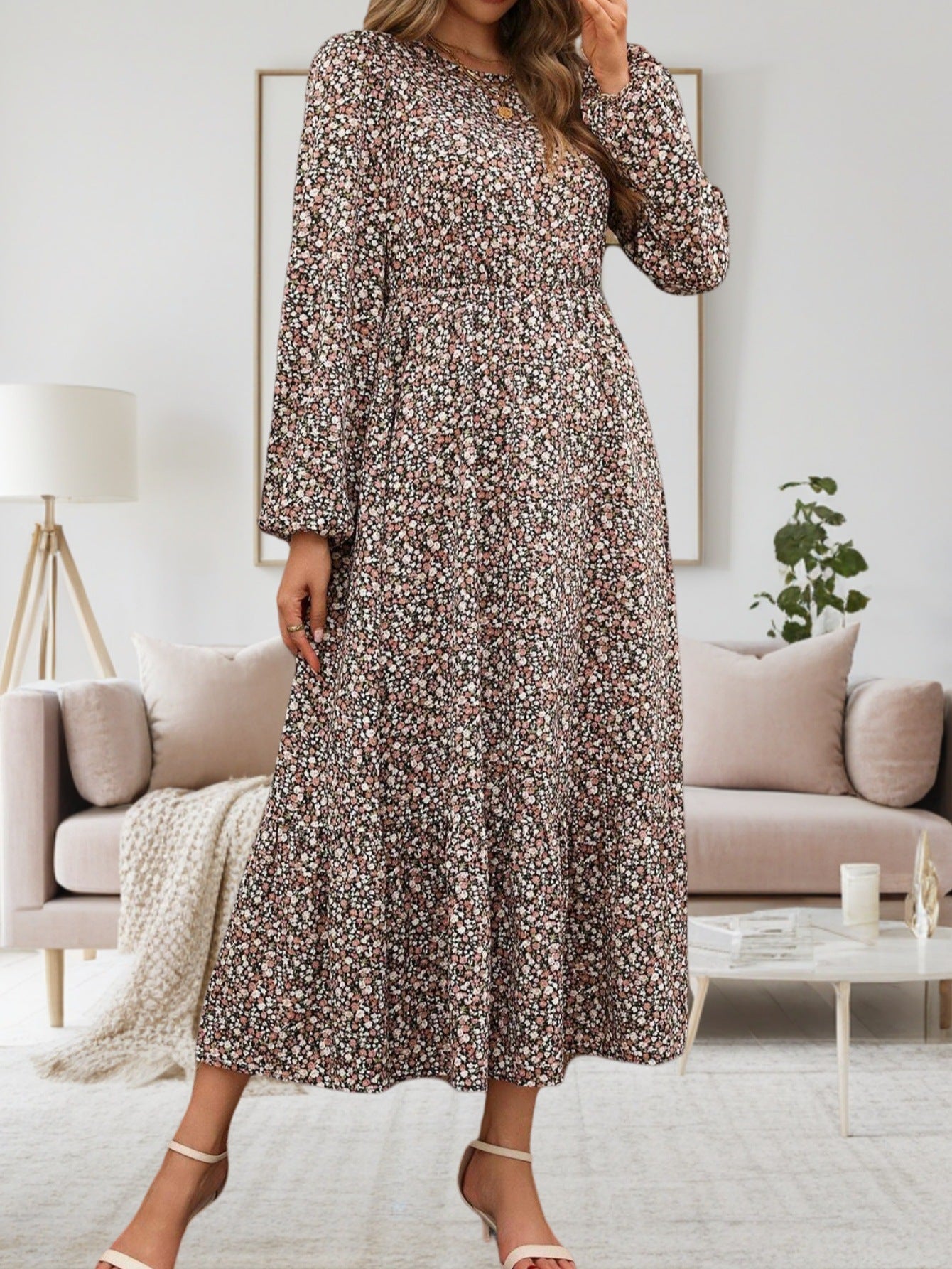 Ditsy Floral Round Neck Long Sleeve Smocked Waist Tiered Ruffle Maxi Dress